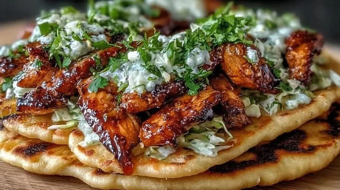 Honey Garlic Naan Chicken Tacos with vibrant toppings and sauces