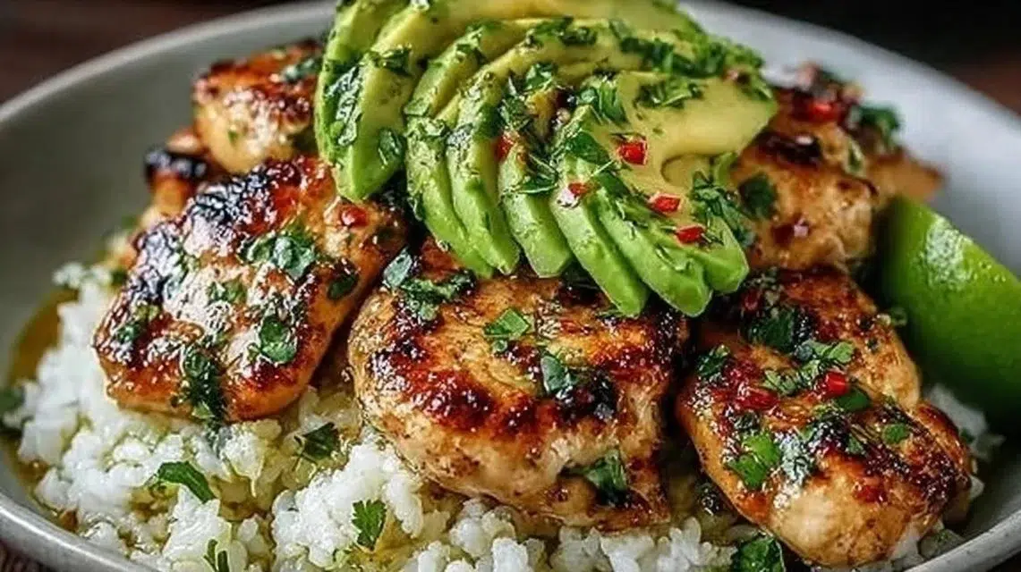 Honey Lime Chicken with avocado served on a plate