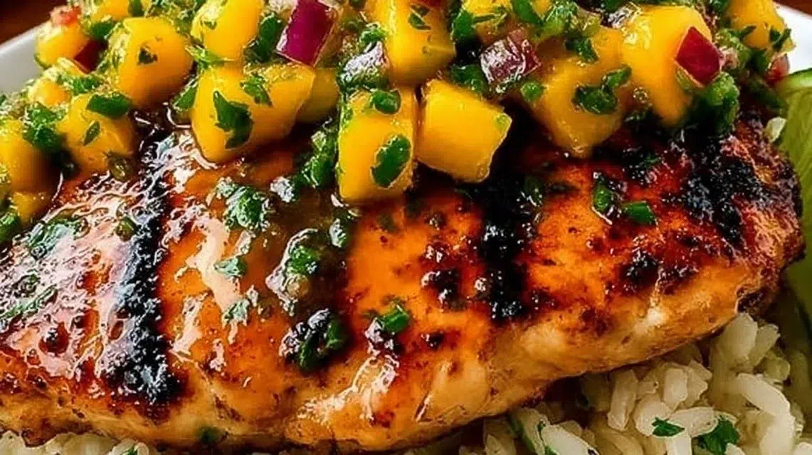 Delicious Honey Lime Chicken topped with fresh Mango Salsa on a plate.