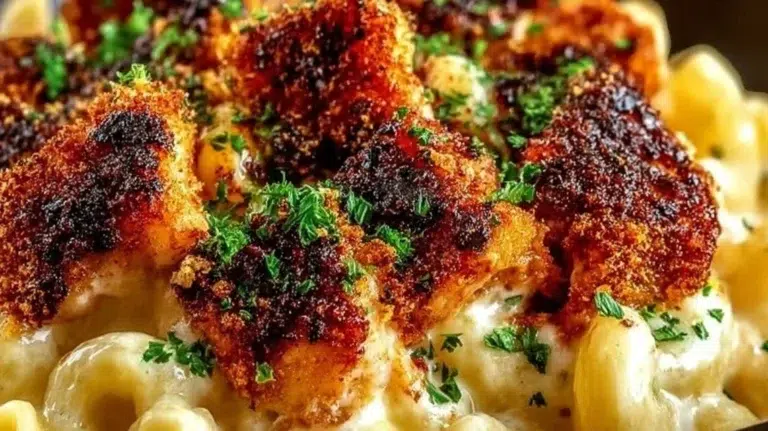 Creamy Honey Pepper Chicken Mac and Cheese topped with herbs and spices