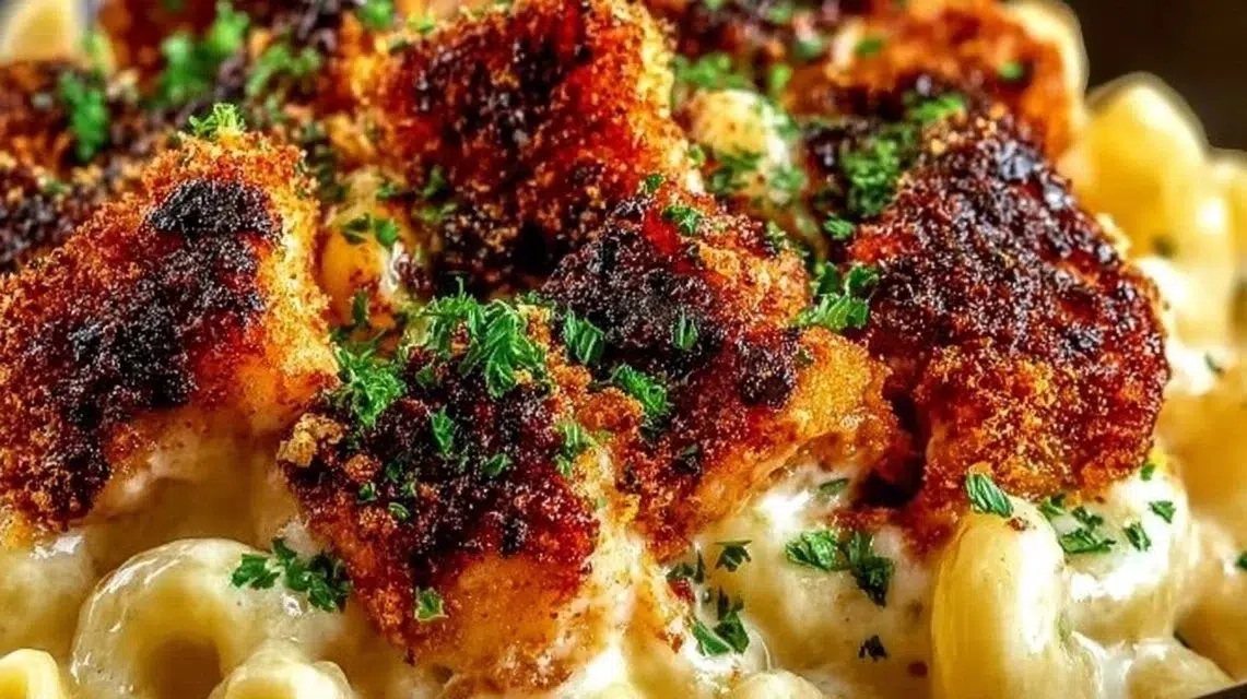 Creamy Honey Pepper Chicken Mac and Cheese topped with herbs and spices