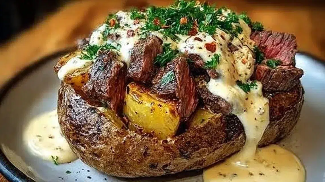 Loaded steak potatoes topped with savory cream sauce for a hearty dish