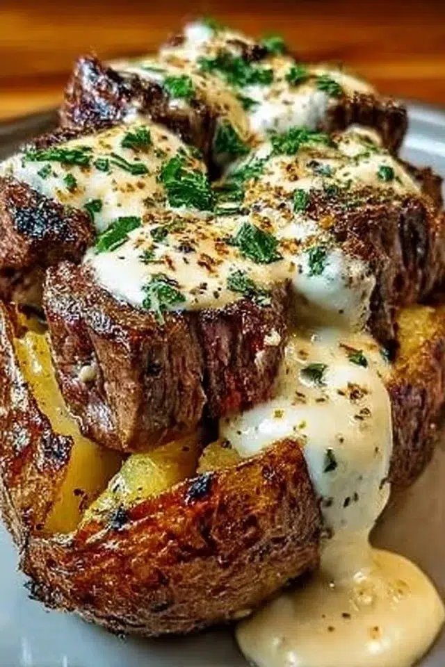 Indulge in Loaded Steak Potatoes with Savory Cream Sauce