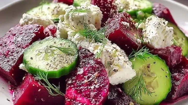 Irresistible beet feta salad with cucumber, dill, and vibrant colors.