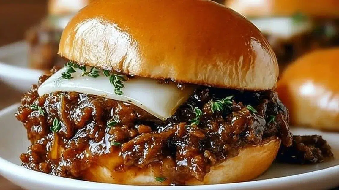 Delicious French Onion Beef Sloppy Joes served with melted cheese and onions