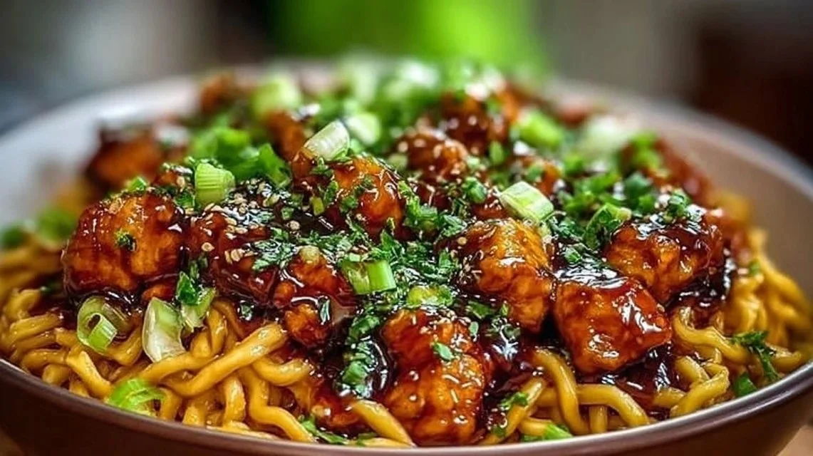 Plate of sticky garlic chicken noodles garnished with herbs, ready to serve.