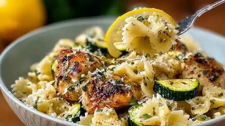 Italian lemon chicken pasta dish with fresh ingredients and garnishes
