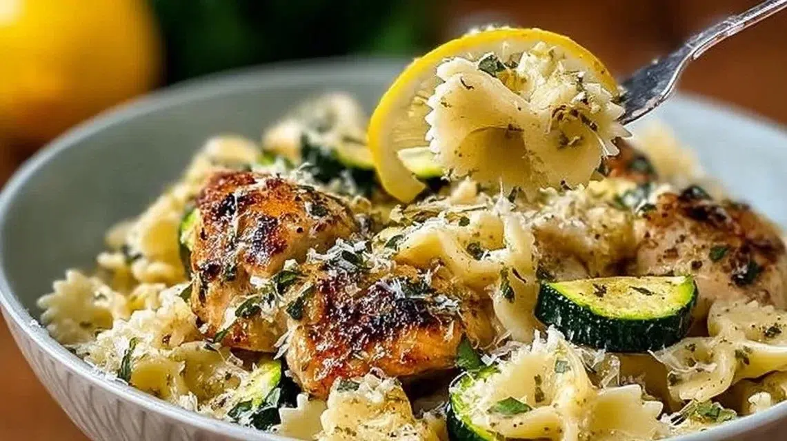 Italian lemon chicken pasta dish with fresh ingredients and garnishes