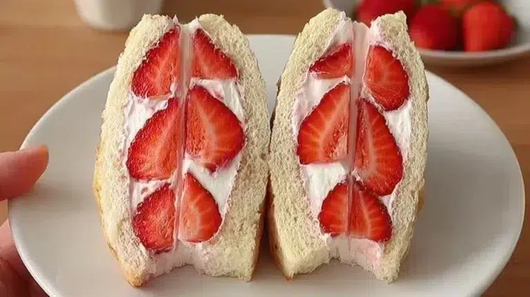 Japanese strawberry sandwich with fresh strawberries and cream on soft bread