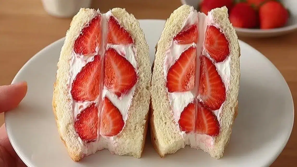 Japanese strawberry sandwich with fresh strawberries and cream on soft bread