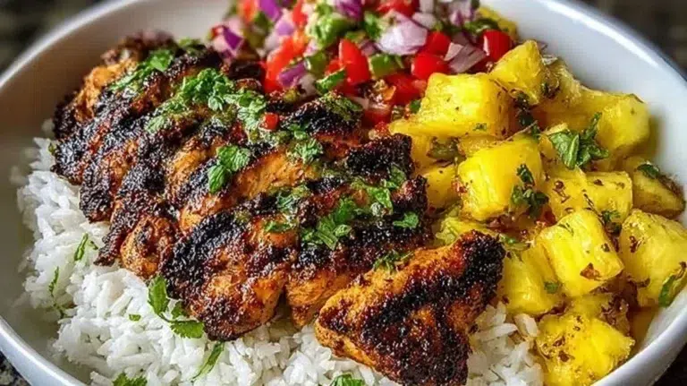 Jerk chicken bowl with pineapple salsa garnished with fresh ingredients