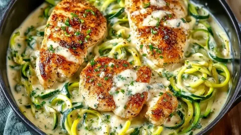 Keto Chicken Alfredo served with zucchini noodles for a healthy low-carb meal
