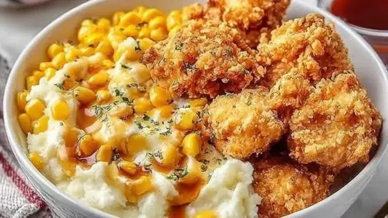 KFC's Famous Bowl featuring chicken, mashed potatoes, and toppings