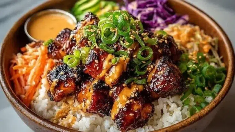 Delicious Korean BBQ Chicken Bowl topped with fresh vegetables and sauce