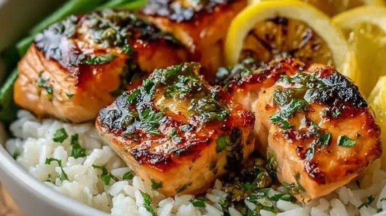 Lemon Butter Salmon Rice Bowl with fresh veggies over rice