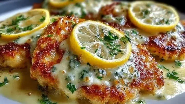 Lemon Chicken Romano dish garnished with fresh herbs and lemon slices
