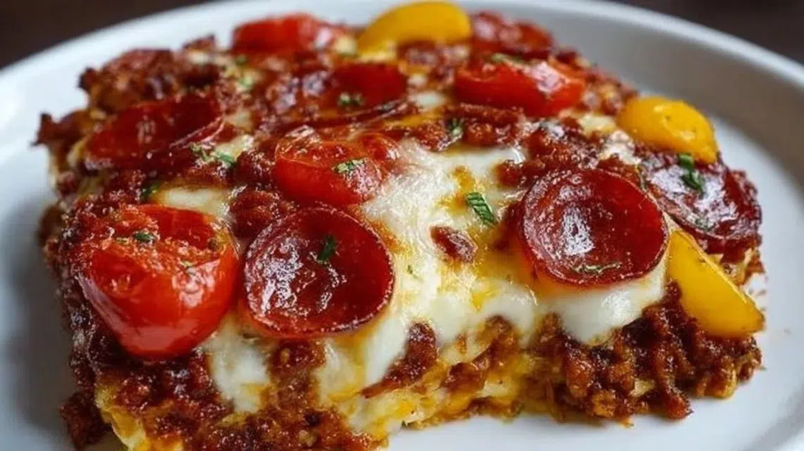 Low carb pizza casserole dish topped with cheese and pepperoni