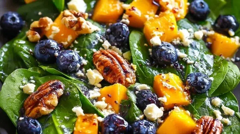 Mango and Blueberry Salad with spinach, walnuts, and feta cheese in a bowl