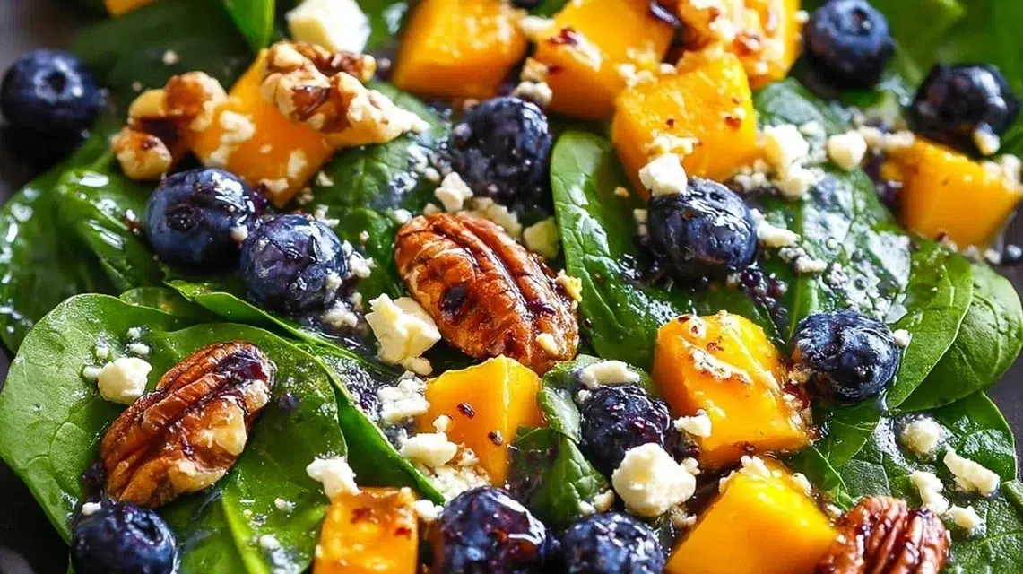 Mango and Blueberry Salad with spinach, walnuts, and feta cheese in a bowl