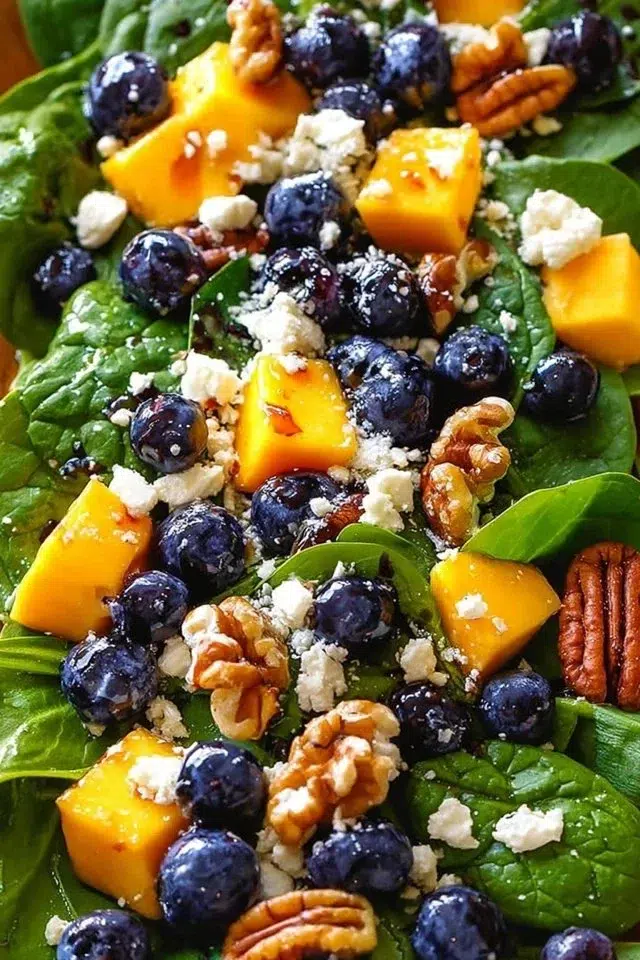 Mango and Blueberry Salad with Spinach, Walnuts, and Feta Cheese