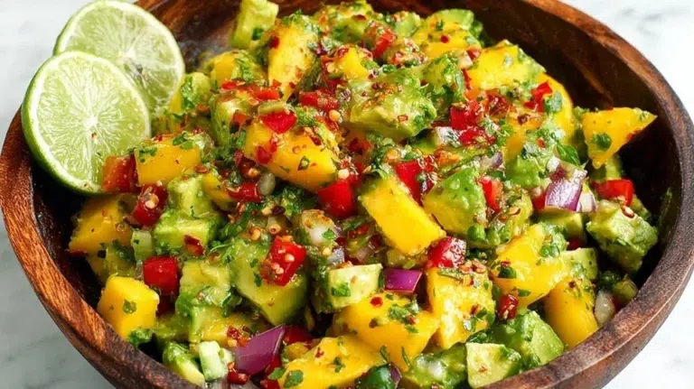 Colorful Mango Avocado Salad with fresh ingredients and vibrant presentation.