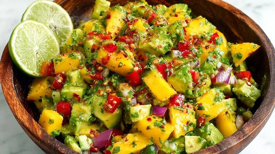 Colorful Mango Avocado Salad with fresh ingredients and vibrant presentation.