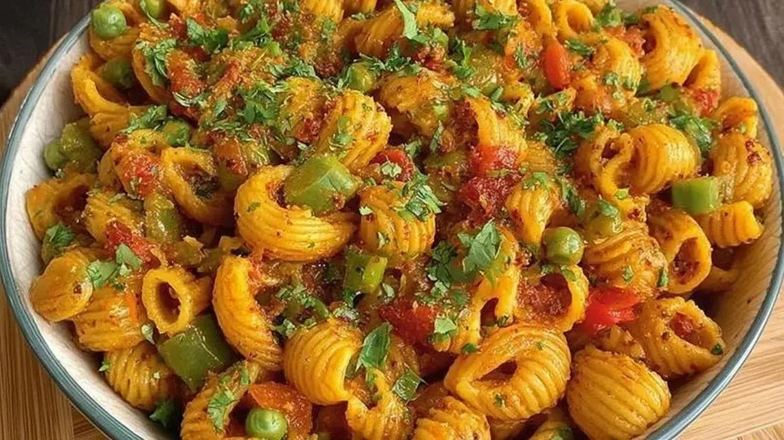 A bowl of Masala Macaroni pasta garnished with herbs and spices.