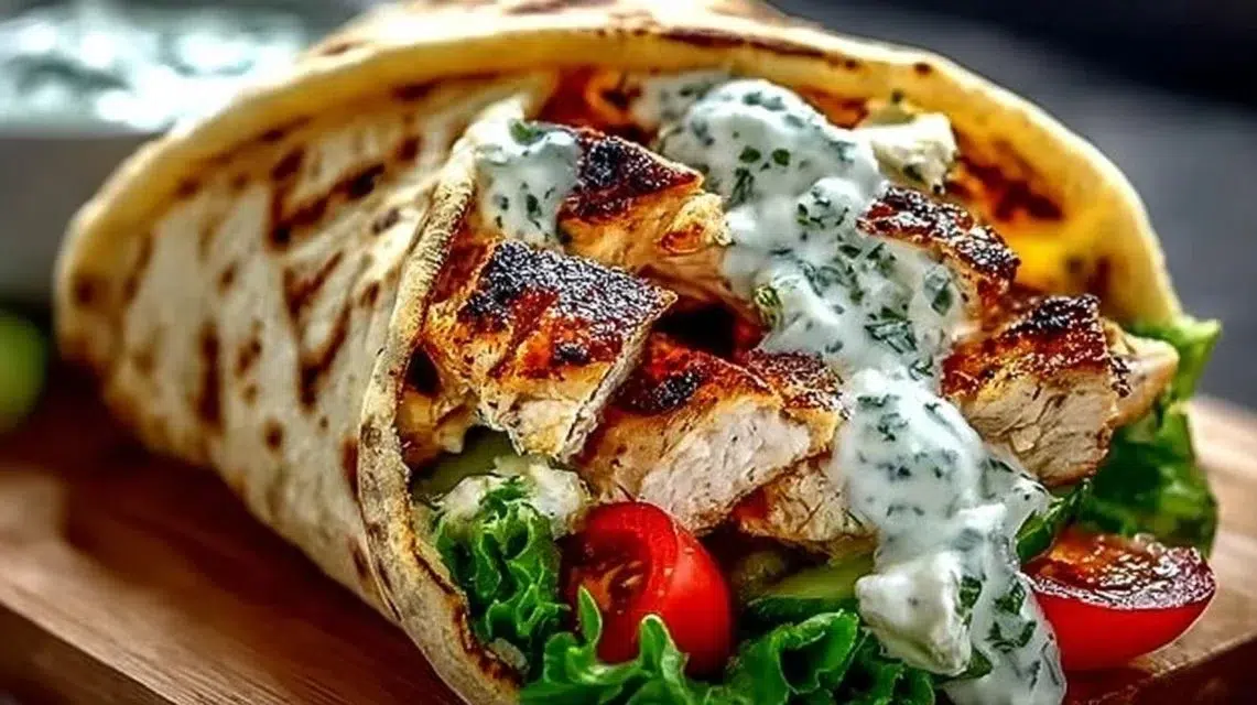 Delicious Mediterranean chicken gyros with fresh veggies and aromatic spices