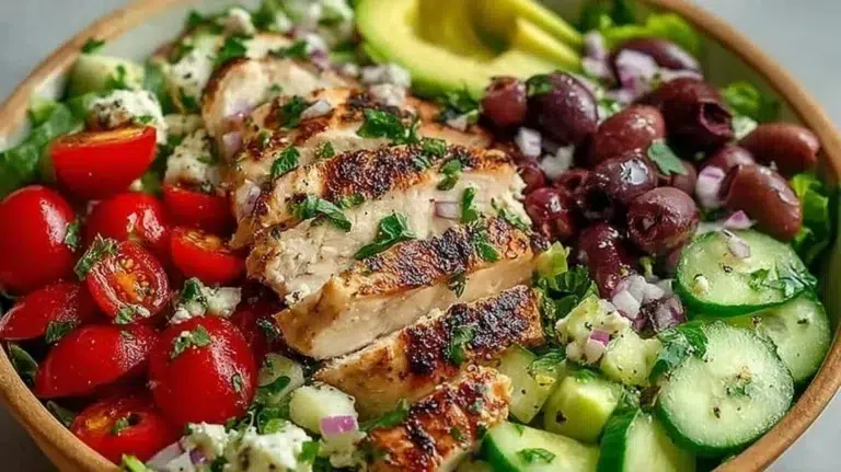 Mediterranean chicken salad with vegetables and dressing in a bowl