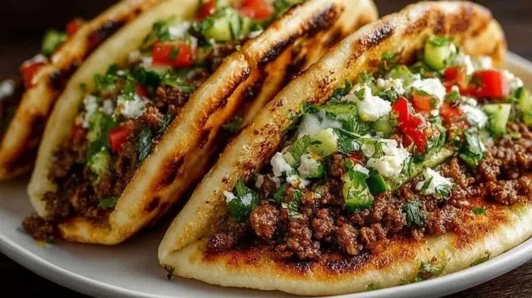 Mediterranean ground beef pita pockets filled with fresh ingredients