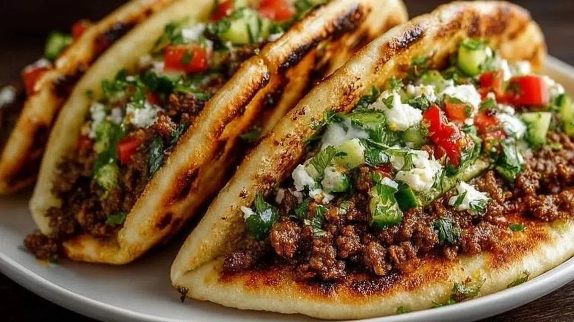 Mediterranean ground beef pita pockets filled with fresh ingredients