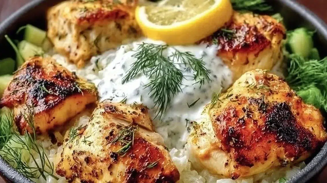 Mediterranean Lemon-Dill Chicken Bowls garnished with fresh herbs and vegetables