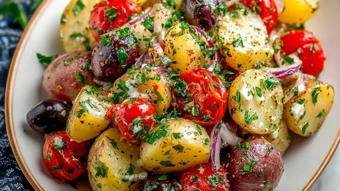 Mediterranean potato salad with fresh vegetables and herbs