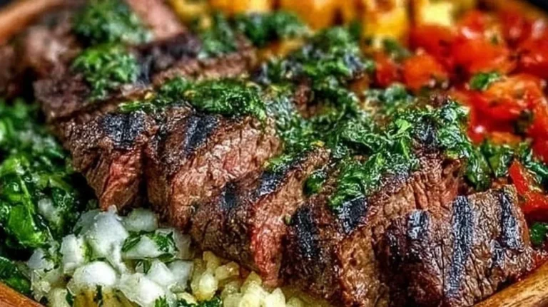 Mediterranean steak bowl with fresh vegetables and herbs