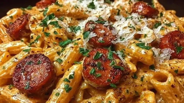 Creamy spicy Cajun sausage pasta dish served in a bowl