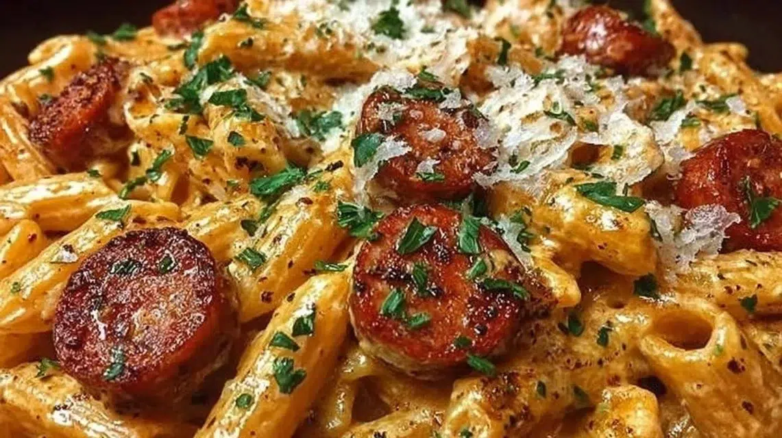 Creamy spicy Cajun sausage pasta dish served in a bowl