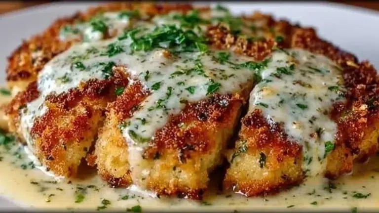 Parmesan Crusted Chicken served with Creamy Garlic Sauce on a plate