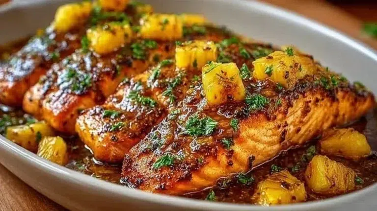 Delicious Pineapple Glazed Salmon garnished with pineapple slices and herbs