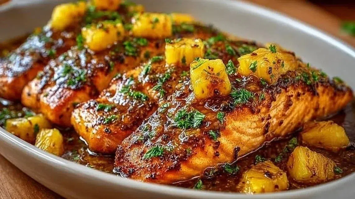 Delicious Pineapple Glazed Salmon garnished with pineapple slices and herbs