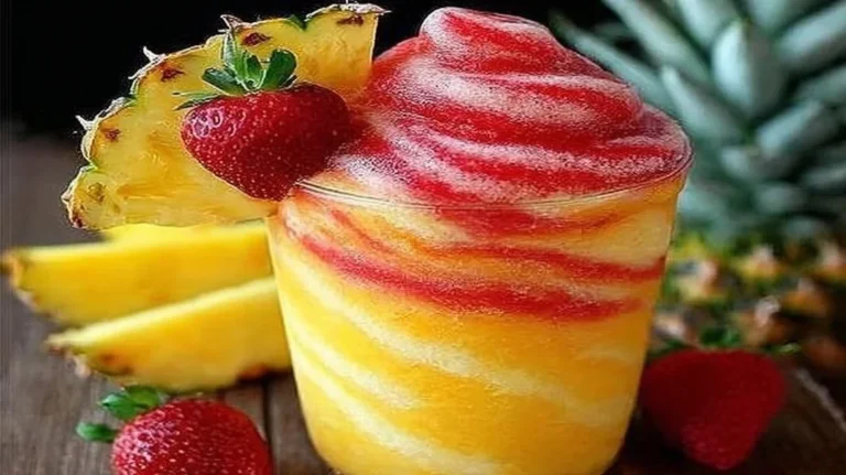 Pineapple Strawberry Slushies served in glasses with ice and fresh fruit garnish.