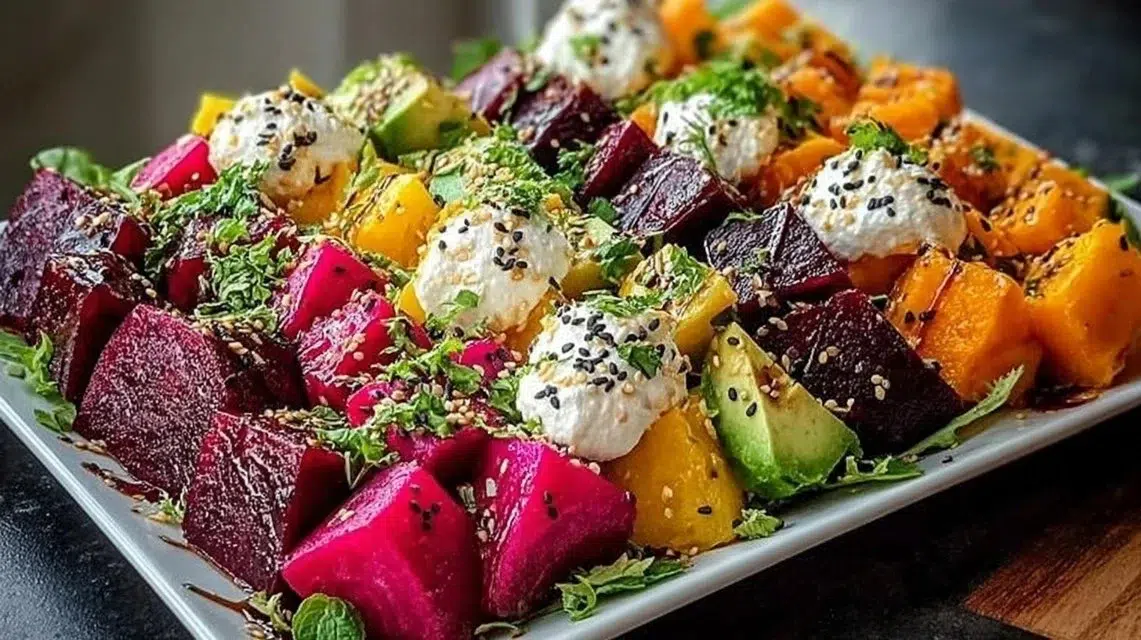 Roasted beet salad with sweet potato, avocado, whipped ricotta, and lemon-tahini drizzle