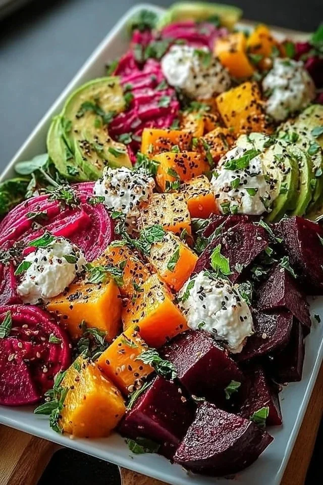 Roasted Beet, Sweet Potato & Avocado Salad with Whipped Ricotta & Lemon-Tahini Drizzle