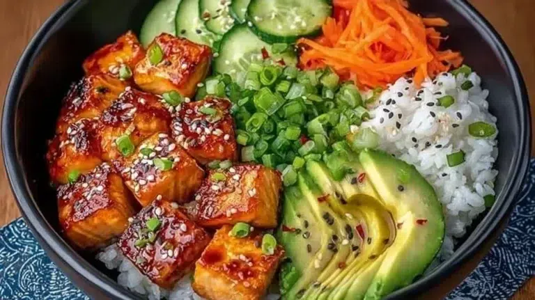 Delicious salmon bowl topped with fresh vegetables and a healthy dressing.
