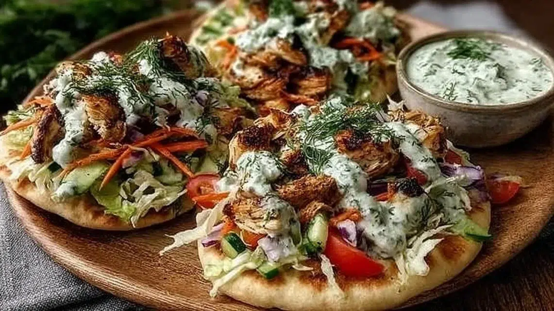 Sheet pan chicken pitas with fresh herb ranch slaw on a wooden table