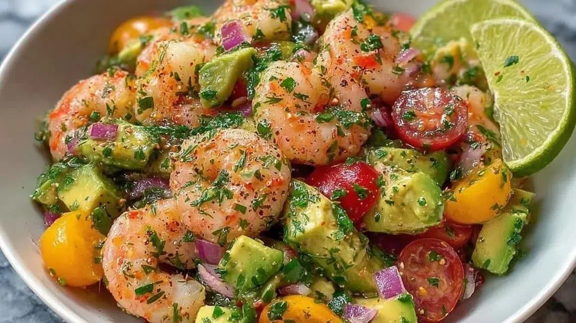 Fresh shrimp salad with vegetables and dressing in a bowl