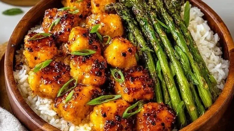 Plate of simple honey mustard chicken served with asparagus