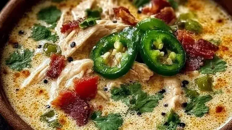 Bowl of spicy jalapeño popper chicken soup topped with cheese and jalapeños