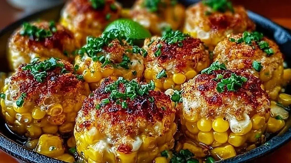 Spicy Mexican corn bites served on a plate, garnished with herbs.