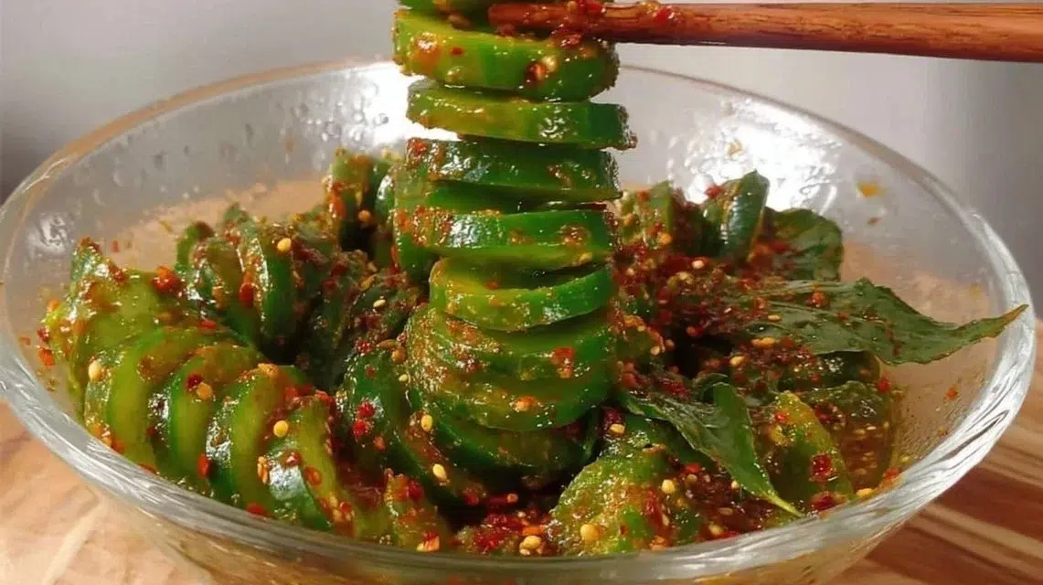Korean-inspired Spiral Cucumber Salad in a bowl with colorful ingredients