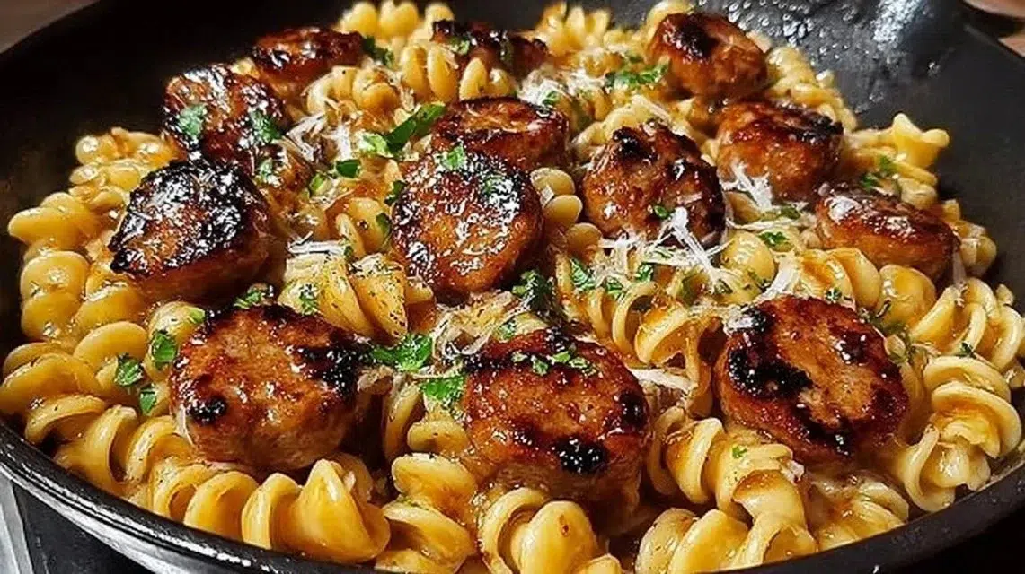 Sticky Honey Garlic Sausage Pasta Skillet served in a modern plate